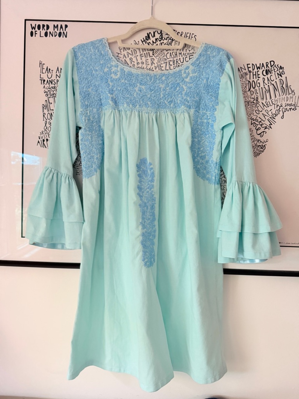 MI GOLONDRINA Ruffle Sleeve Embroidered Shift Mini Dress Aqua Blue Green Size XS